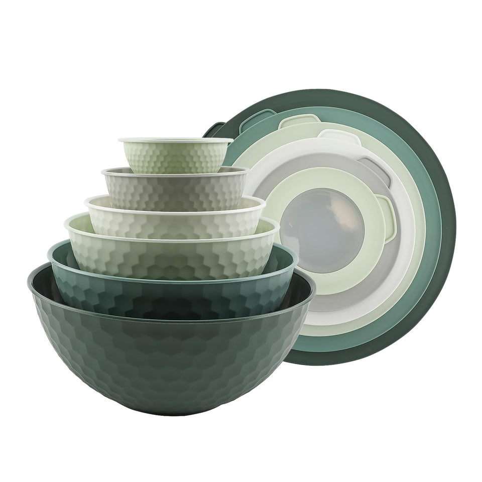COOK WITH COLOR mixing bowls sage embossed set shows compact nesting for space-saving storage
