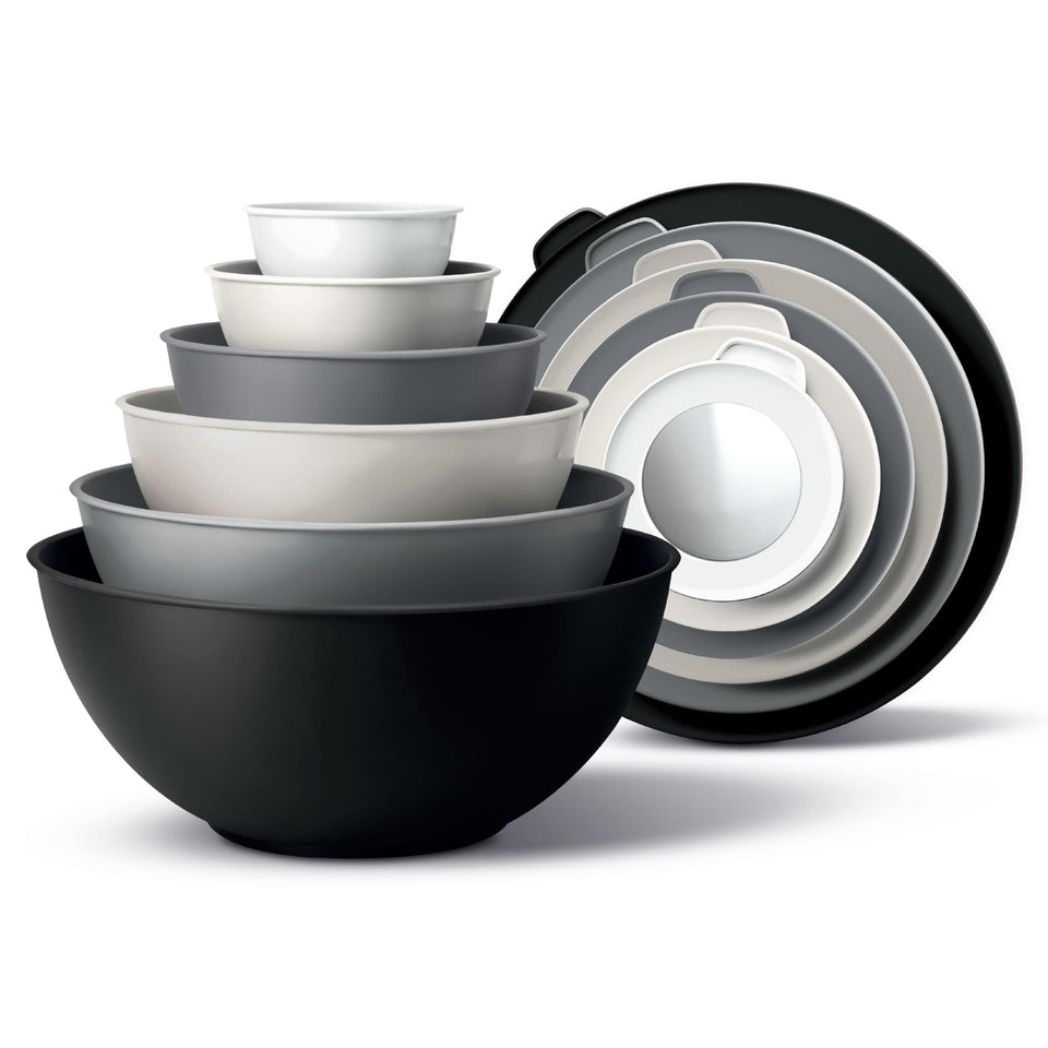 Cook with Color mixing bowls nest neatly for space saving storage.