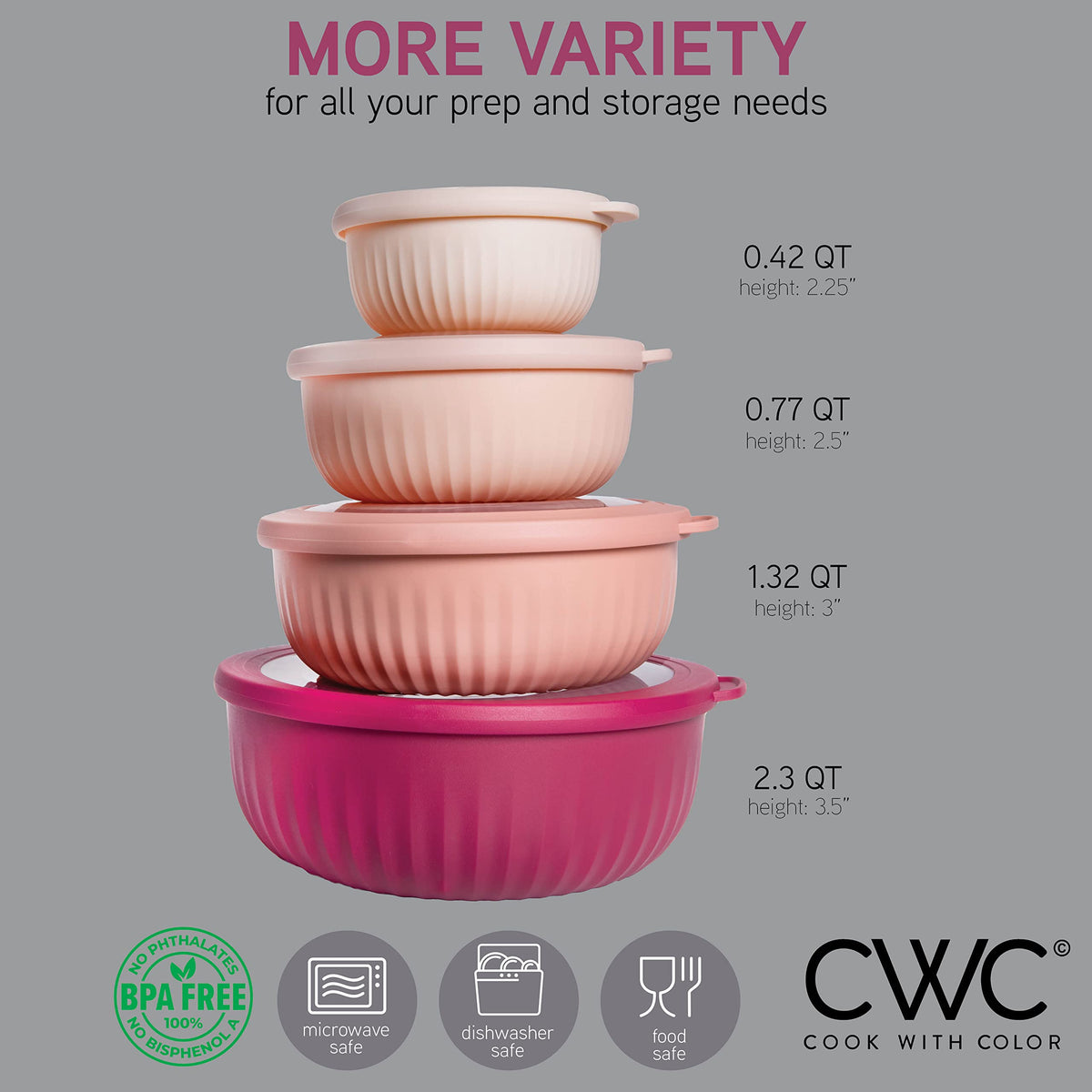 Cook with Color nesting bowls with lids, space-saving design for easy fridge storage.