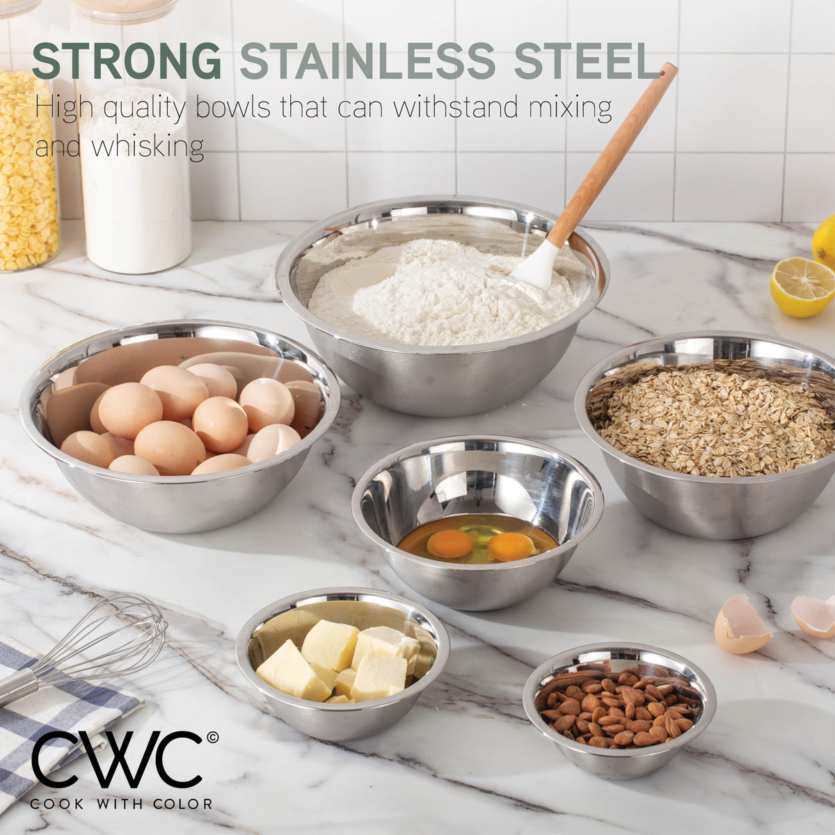 Non-slip bottoms prevent sliding on countertops while whisking or draining.