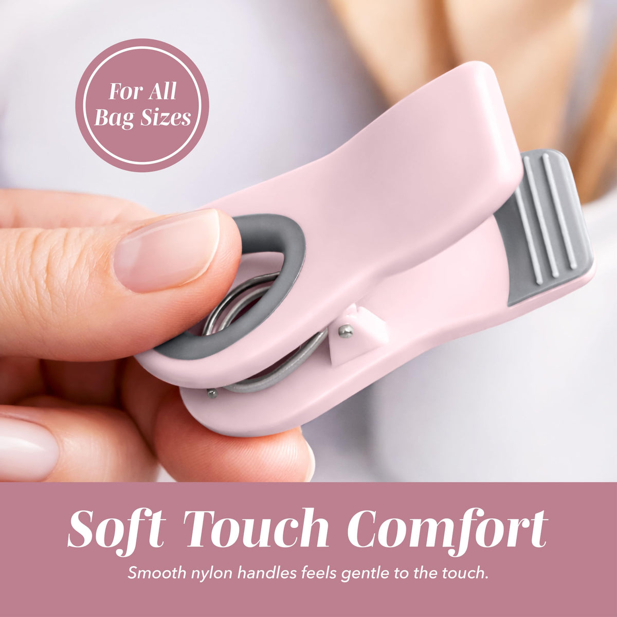 Cook With Color pink bag clips grip and seal snack bags.