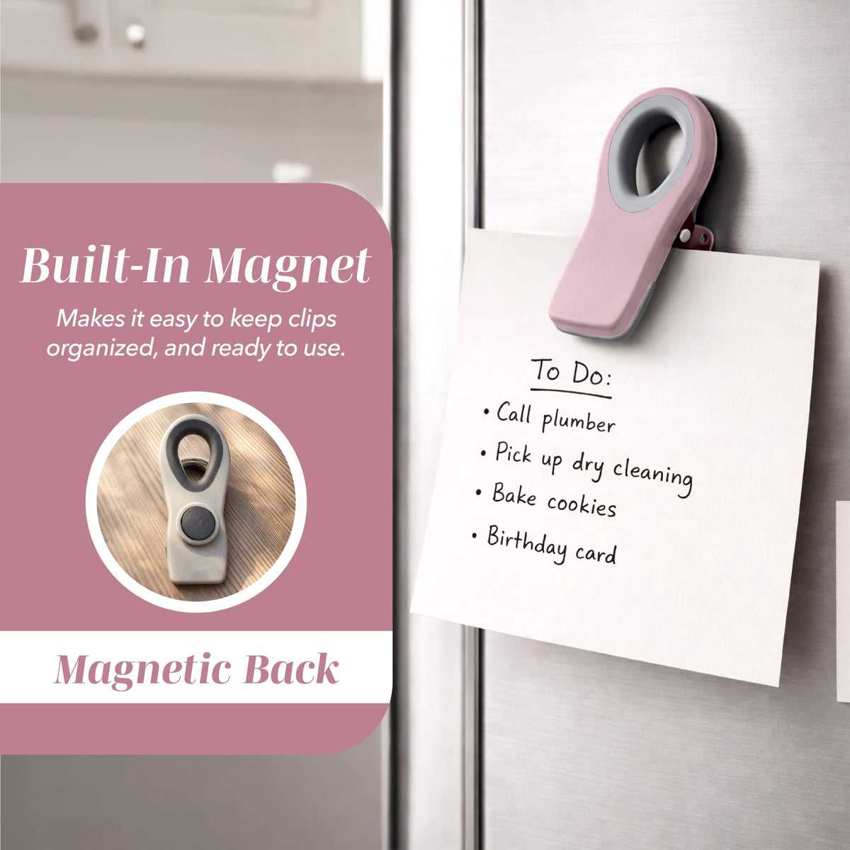 Cook With Color pink bag clips soft touch handles enable easy grip.