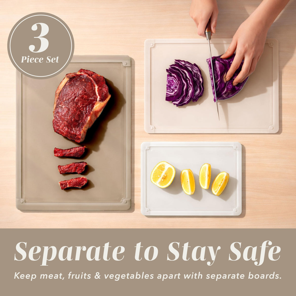 Cook with Color rubber-border non-slip edge cutting board in action.