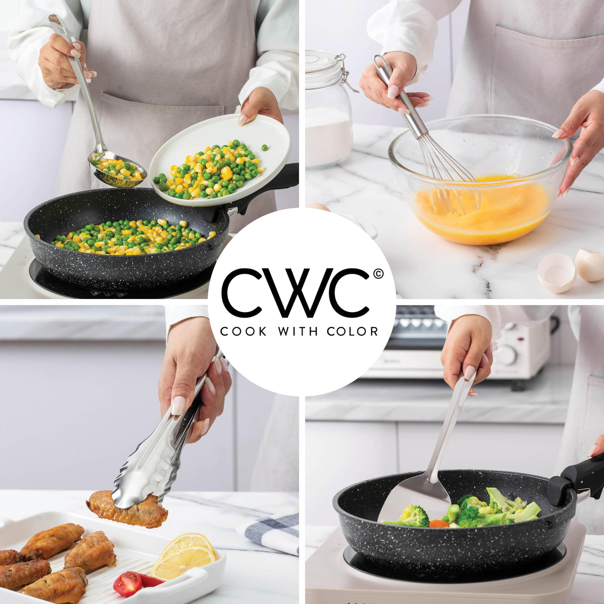 COOK WITH COLOR serving spoons demonstrated for scooping sauces and portions.