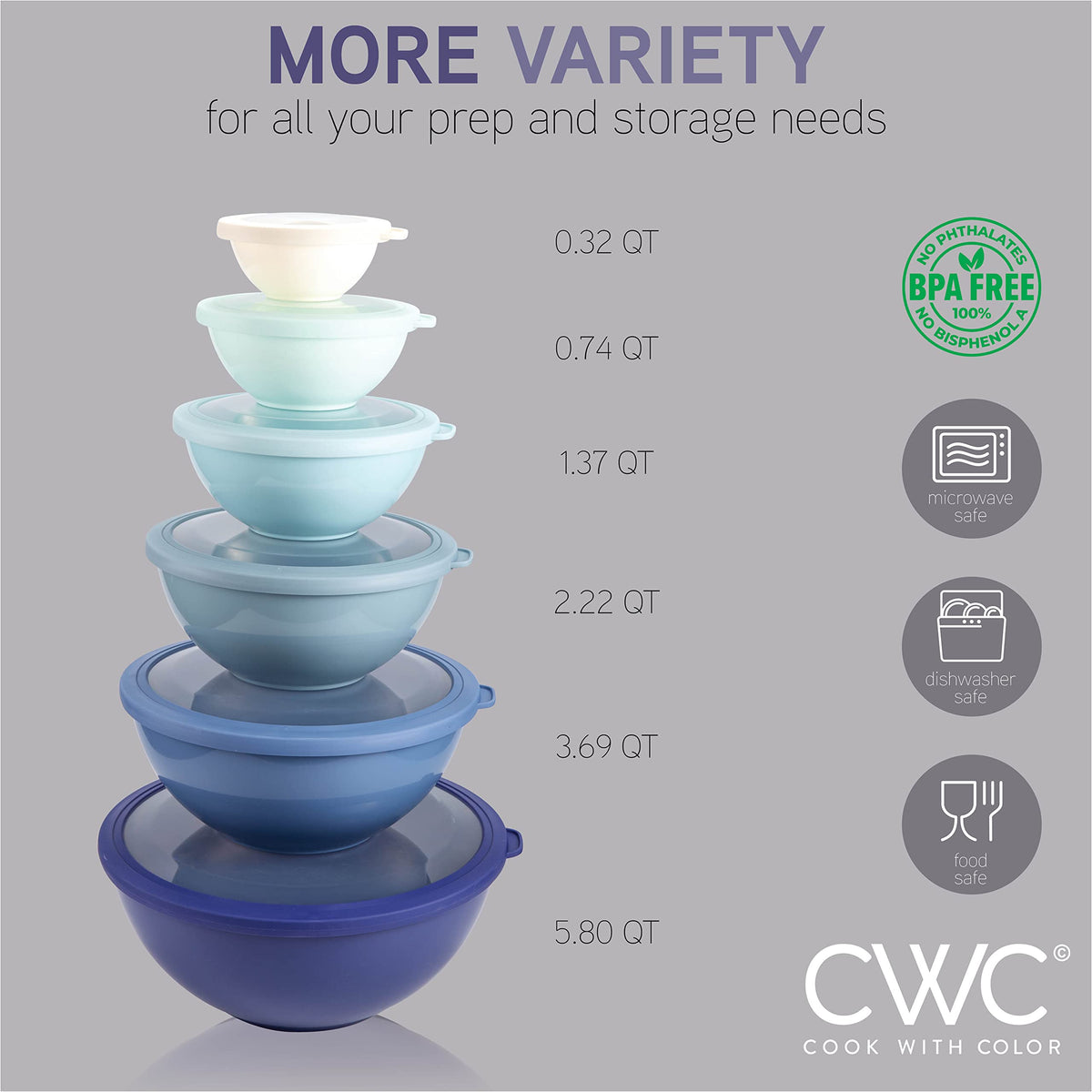Cook With Color six prep bowls and six lids offer organized batches.