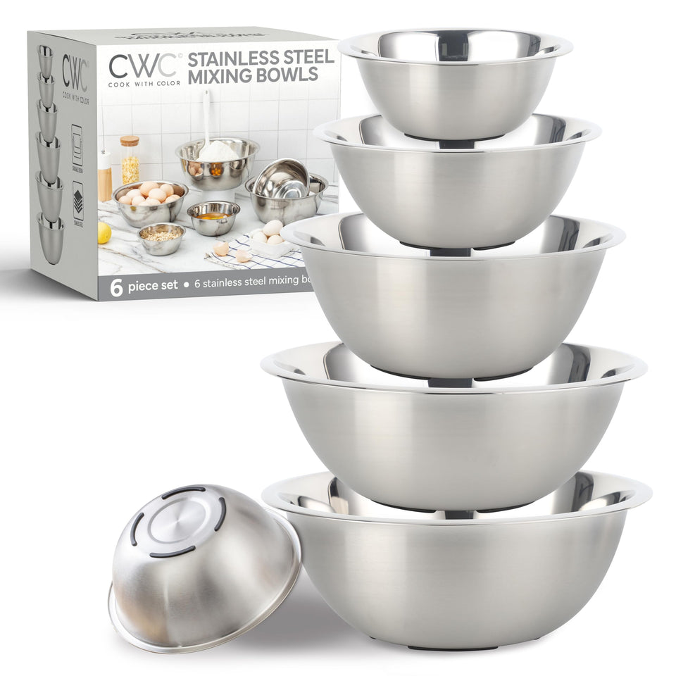 COOK WITH COLOR stainless steel nesting bowls set for space-saving kitchen prep.