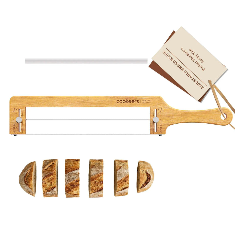 COOKEERS adjustable thickness guide bread knife for consistent slices.