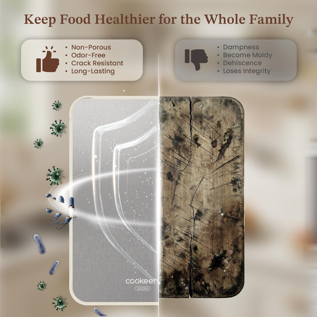 Cookeers cutting board seamless edge for easy cleaning.