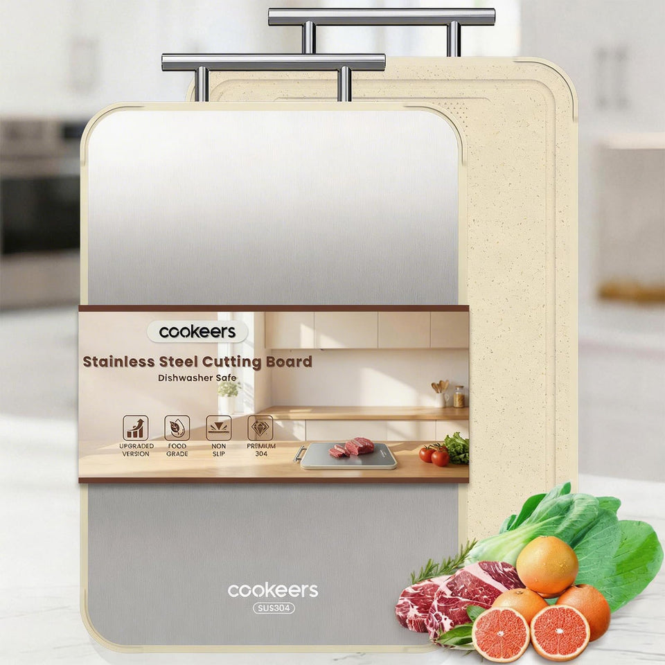 Cookeers dual-sided cutting board steel side for meat and seafood preparation.