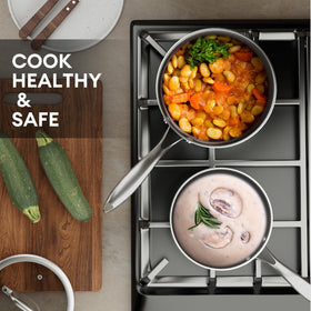 COOKER KING 1.5qt saucepan with lid on showing clear tempered glass lid.