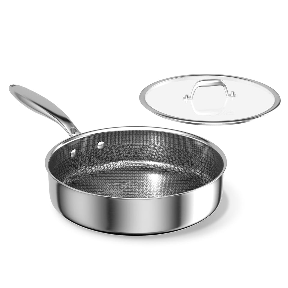 Cooker King 3.6qt hybrid stainless pan with lid for precise searing.