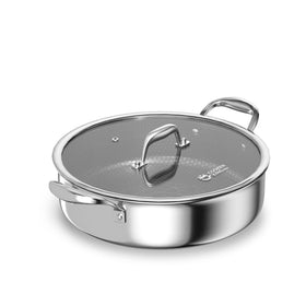 Cooker King 5QT stainless steel sauté pan with lid, ideal for searing.
