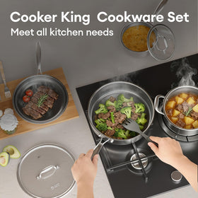 COOKER KING dishwasher-safe pans simplify cleanup after cooking.
