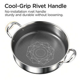Cooker King ceramic coating shows metal utensil compatibility and easy cleanup.