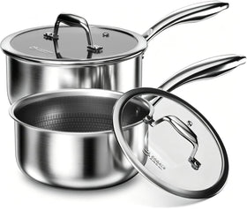 COOKER KING 1.5 qt saucepan with lid, durable tri-ply stainless steel for even searing.