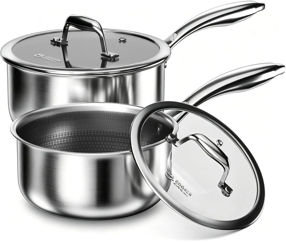 COOKER KING 1.5 qt saucepan with lid, durable tri-ply stainless steel for even searing.