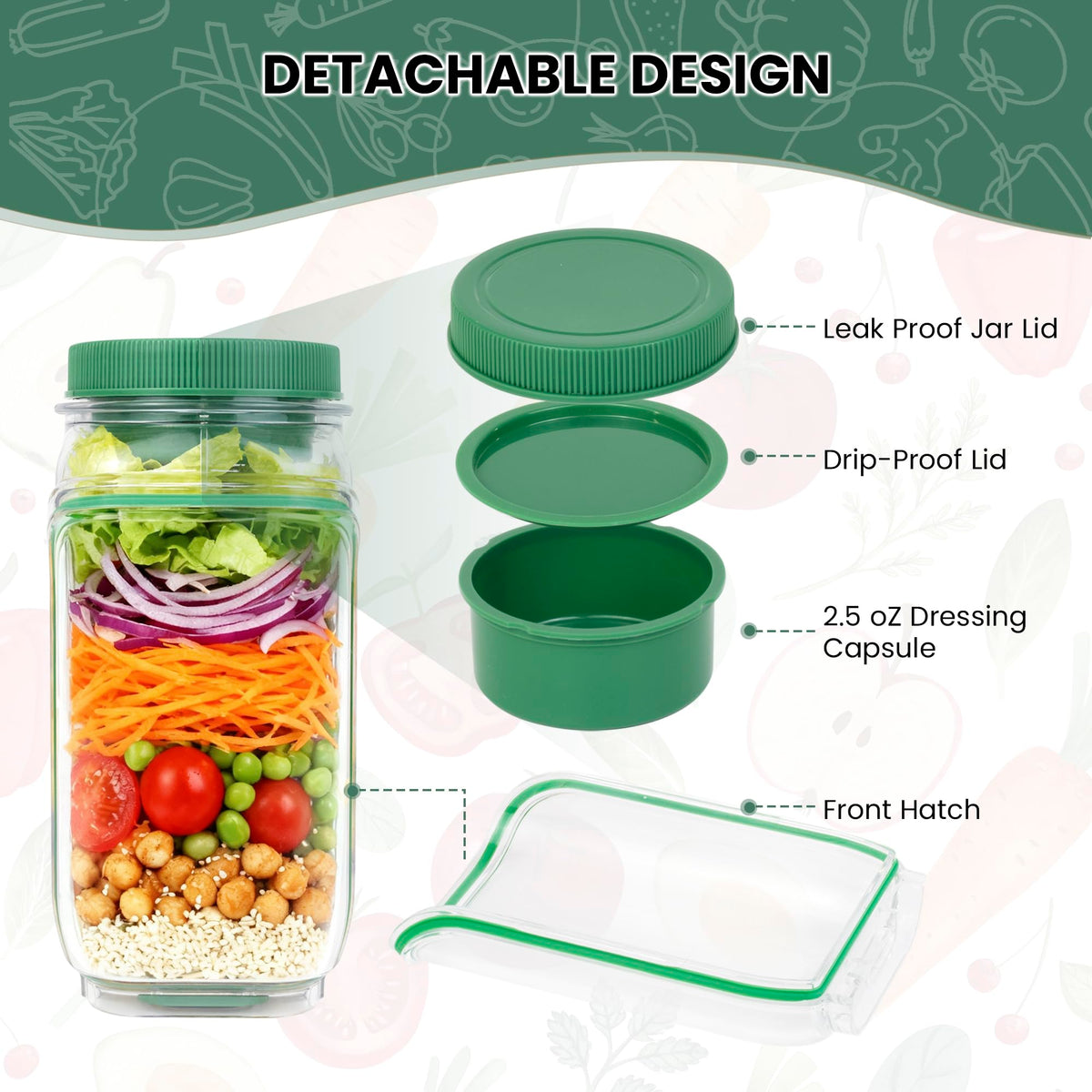 COOKERAA Upgraded Salad To Go Jar leak-proof lid for mess-free transport