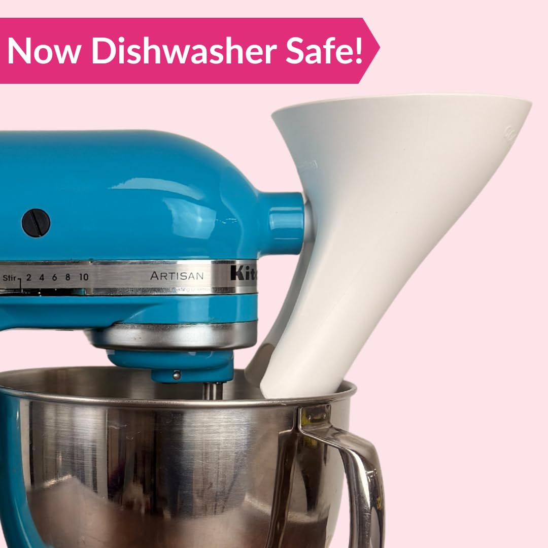 The Cookie Countess angled flour funnel guides ingredients smoothly into the bowl.