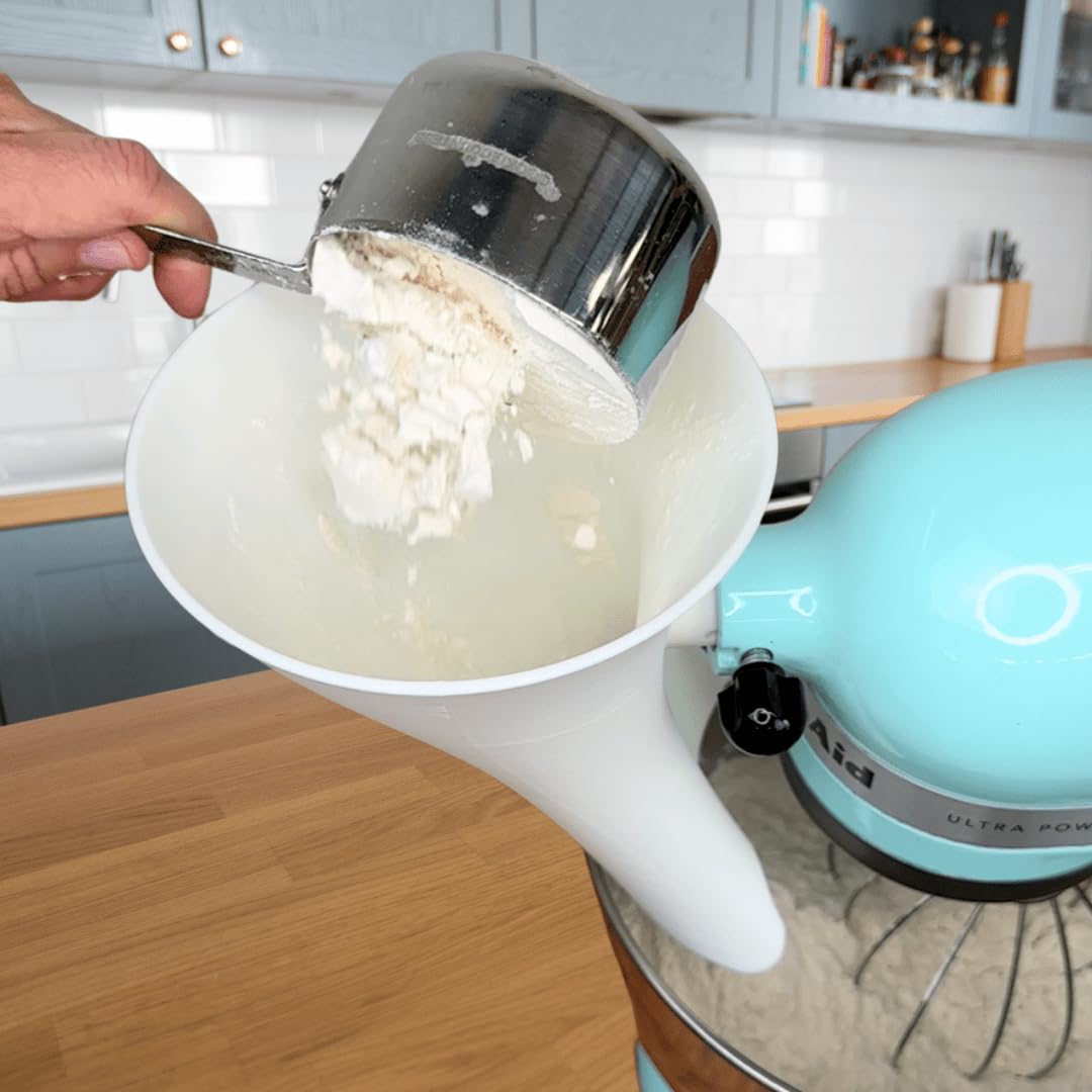 The Cookie Countess flour funnel is durable, food-contact-safe plastic.
