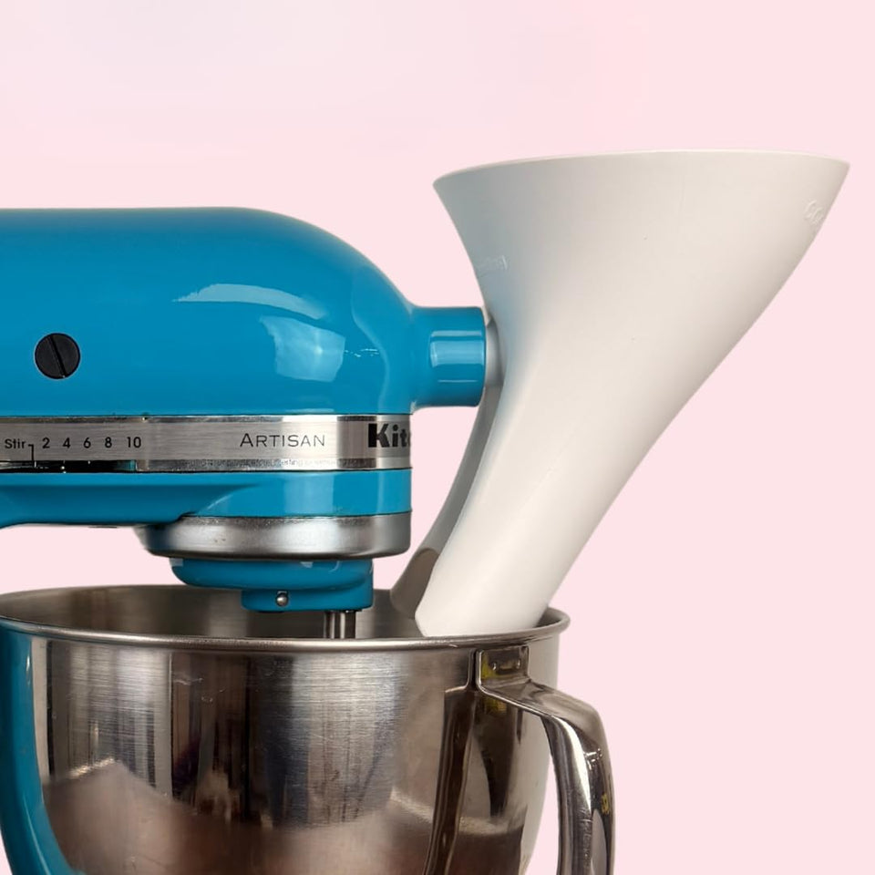 The Cookie Countess flour funnel attachment offering precise, mess-free pouring.