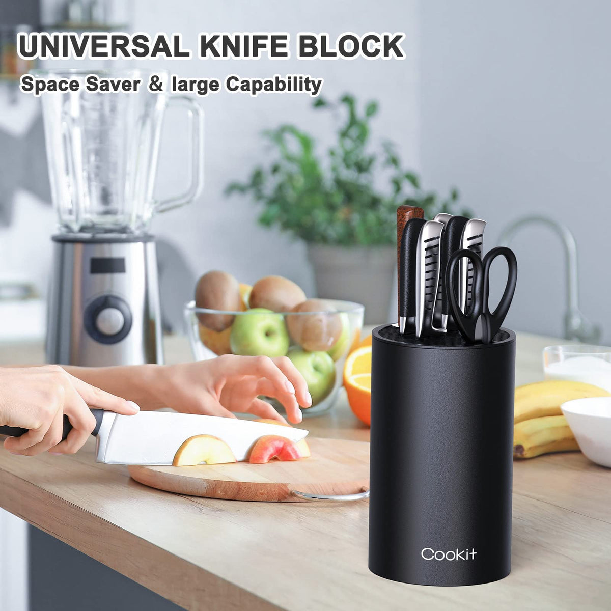 Cookit universal round knife block bottom-stability base prevents sliding on the counter.