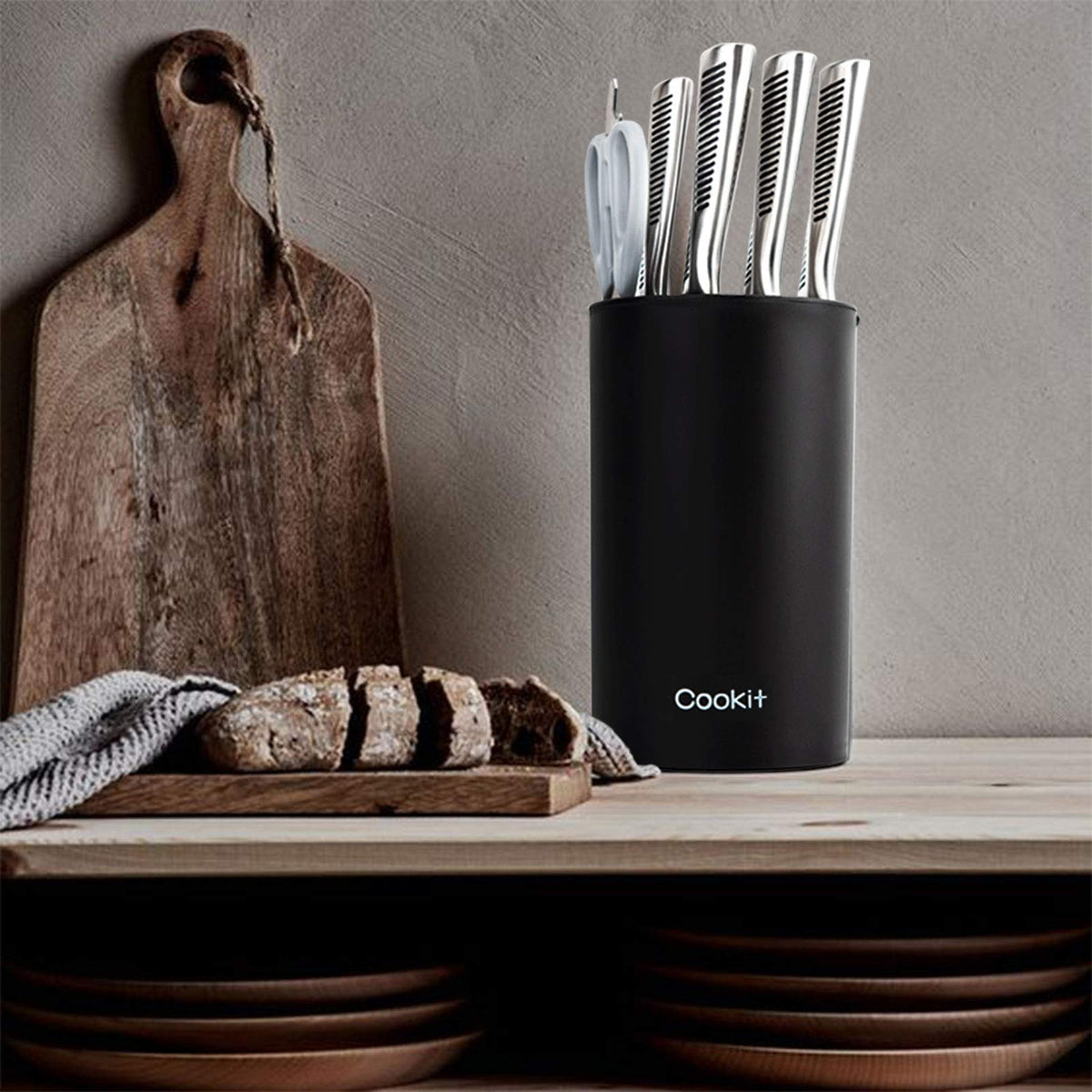 Cookit universal round knife block slots-filled view demonstrates capacity for multiple knives.