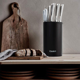 Cookit universal round knife block slots-filled view demonstrates capacity for multiple knives.