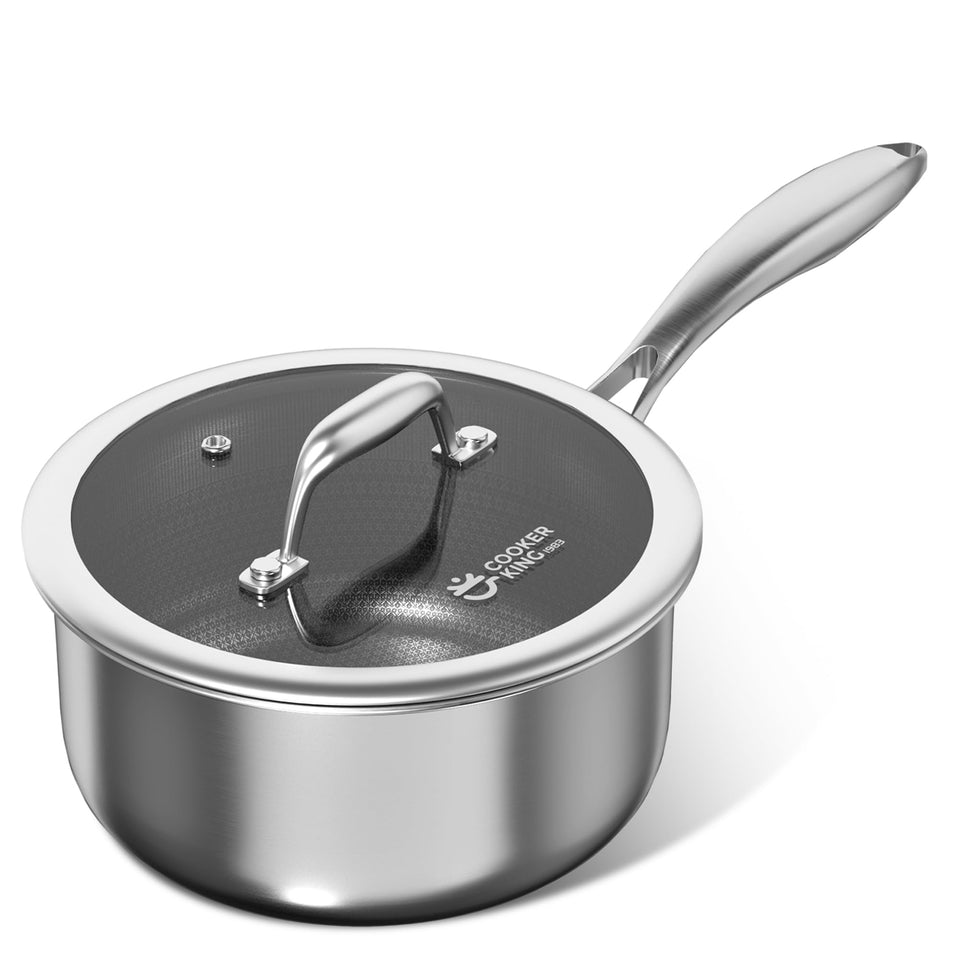 CookKing 2qt saucepan outer view highlights sturdy tri-ply construction and even heat distribution.