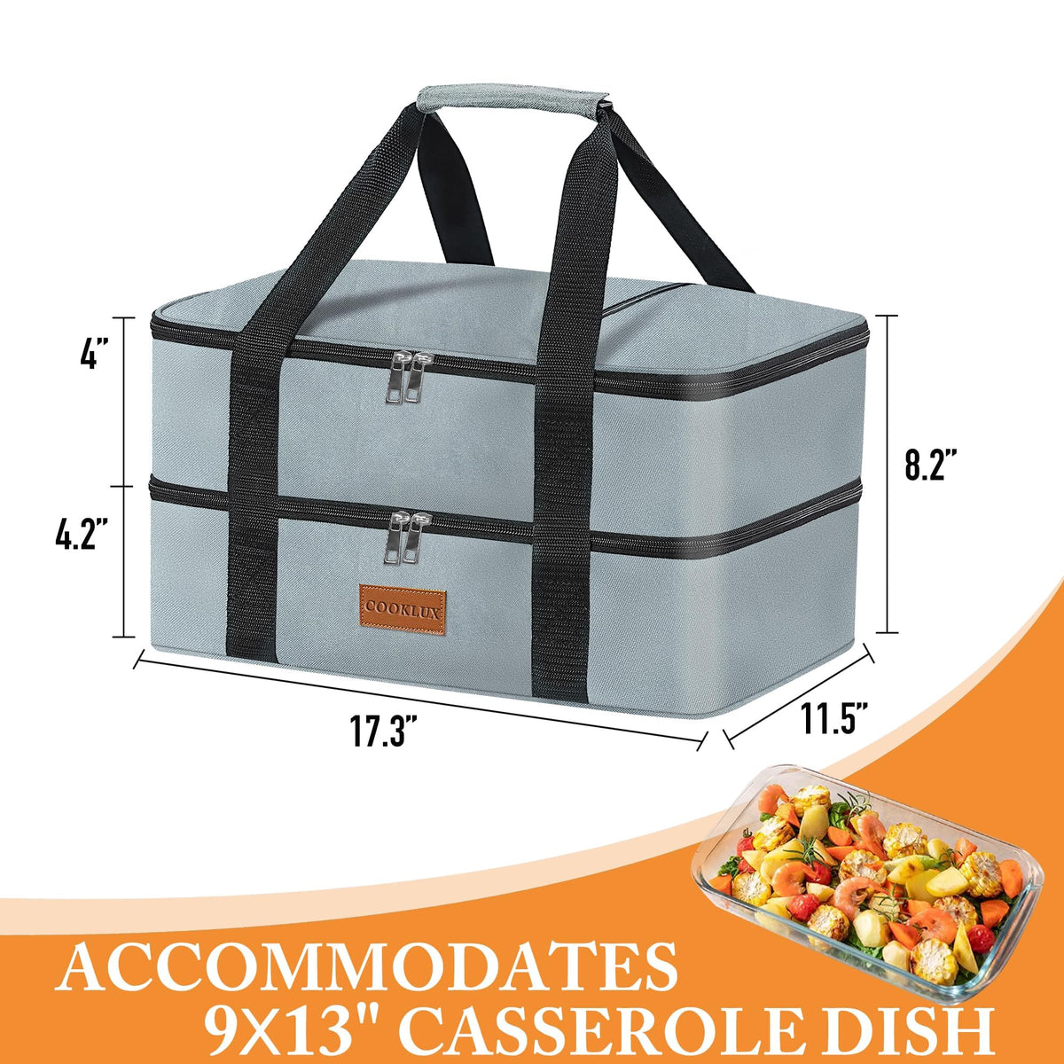 Cooklux bag fits two nine-by-thirteen dishes for versatile serving.
