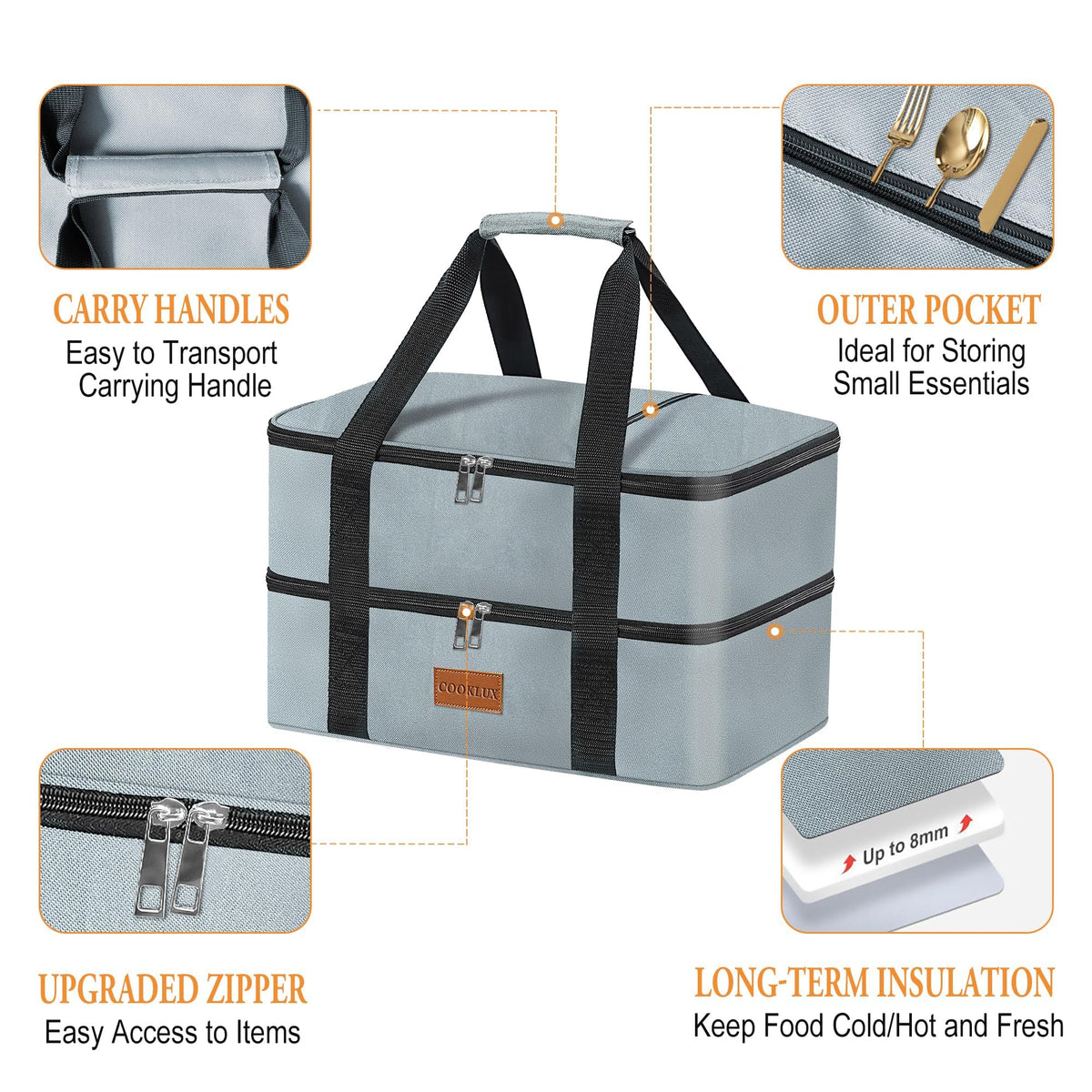 Cooklux casserole bag with zippered pockets for utensils and napkins.