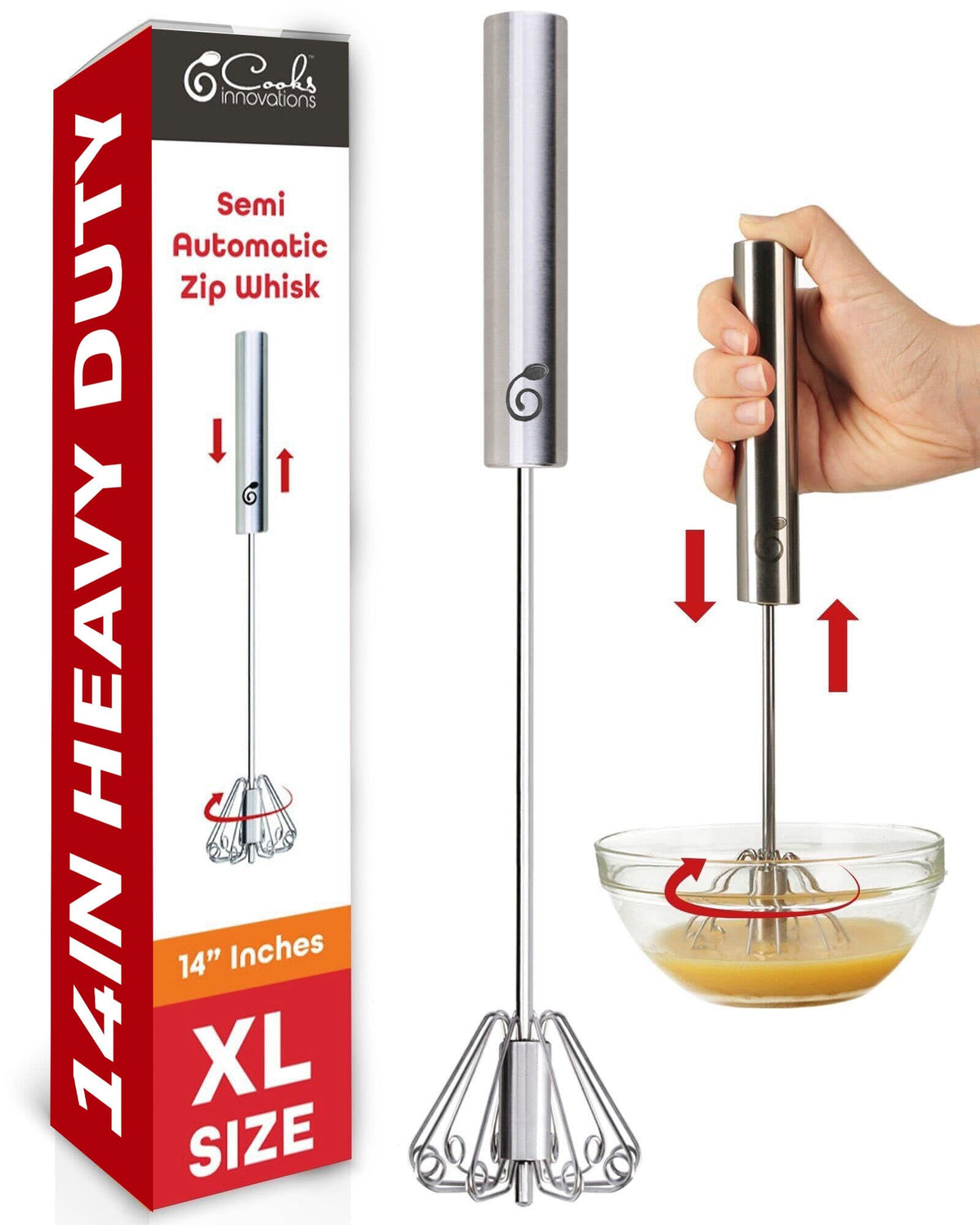 Cooks Innovations egg-beater push-down zip whisker in action for fast whisking