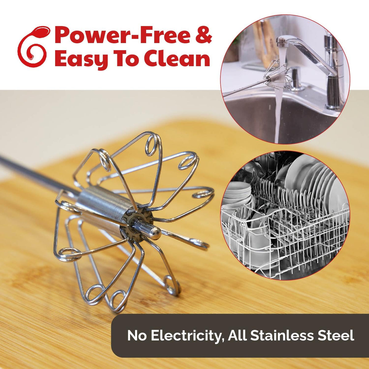 Cooks Innovations no power needed whisk enables portable, wire-free whipping anywhere.