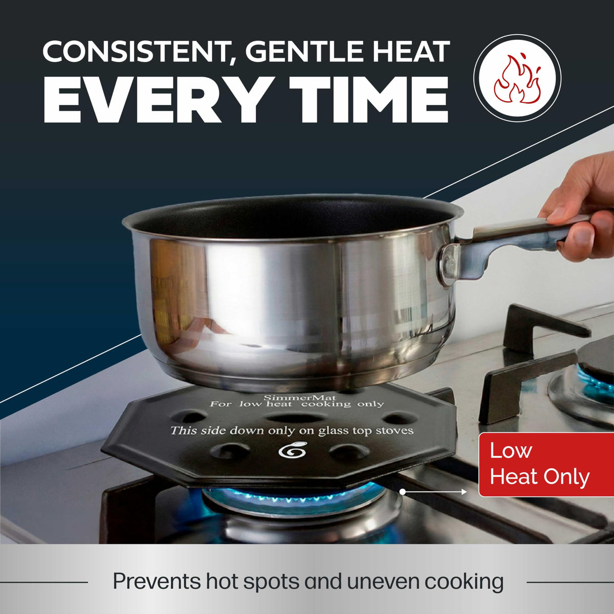 SimmerMat diffuser enabling low heat for steady simmering by Cooks Innovations