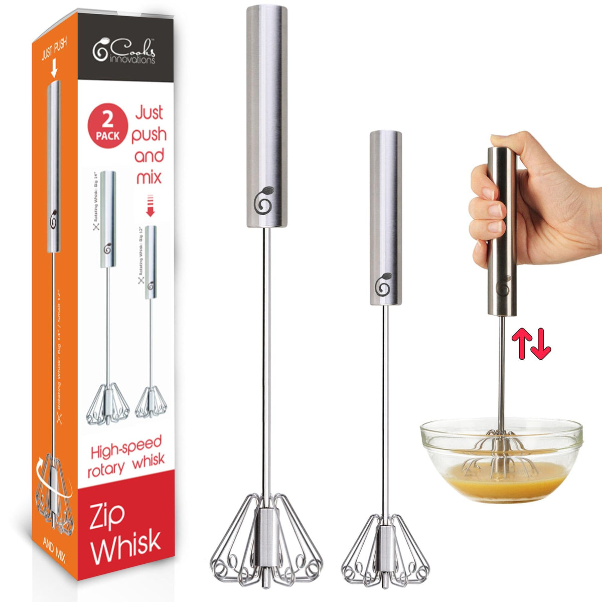 Cooks Innovations stainless egg beater with push-down action for rapid whisking.