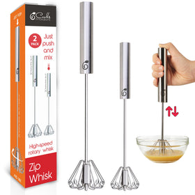 Cooks Innovations stainless egg beater with push-down action for rapid whisking.