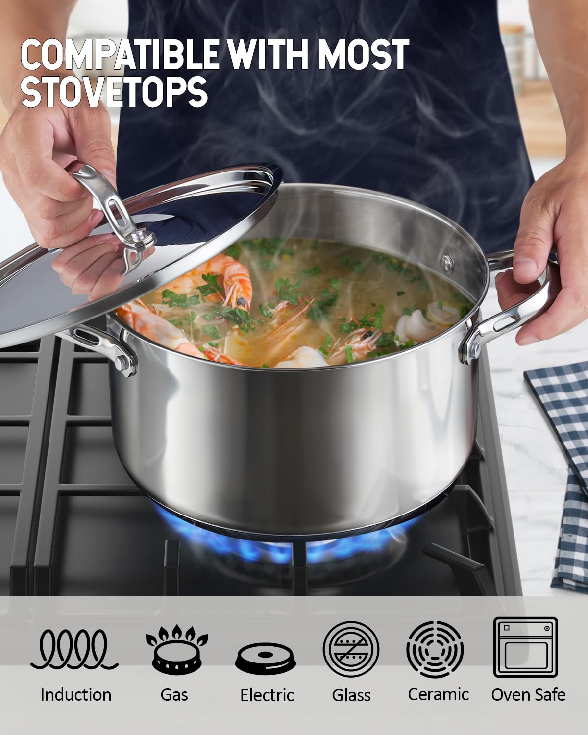 Cooks Standard 18-10 stainless steel stockpot side view highlights premium materials.