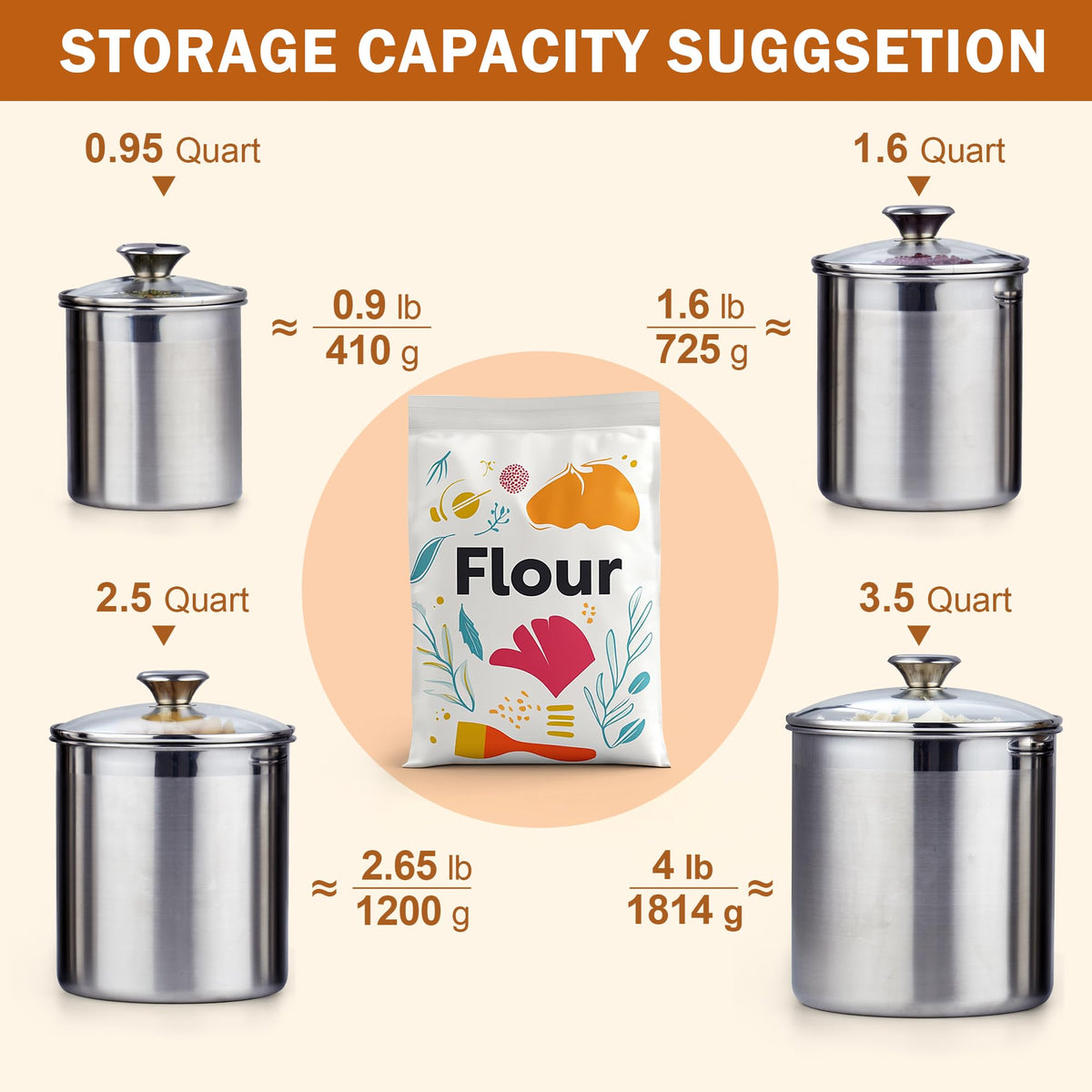 Cooks Standard 2.5 qt stainless steel canister with lid for flour storage