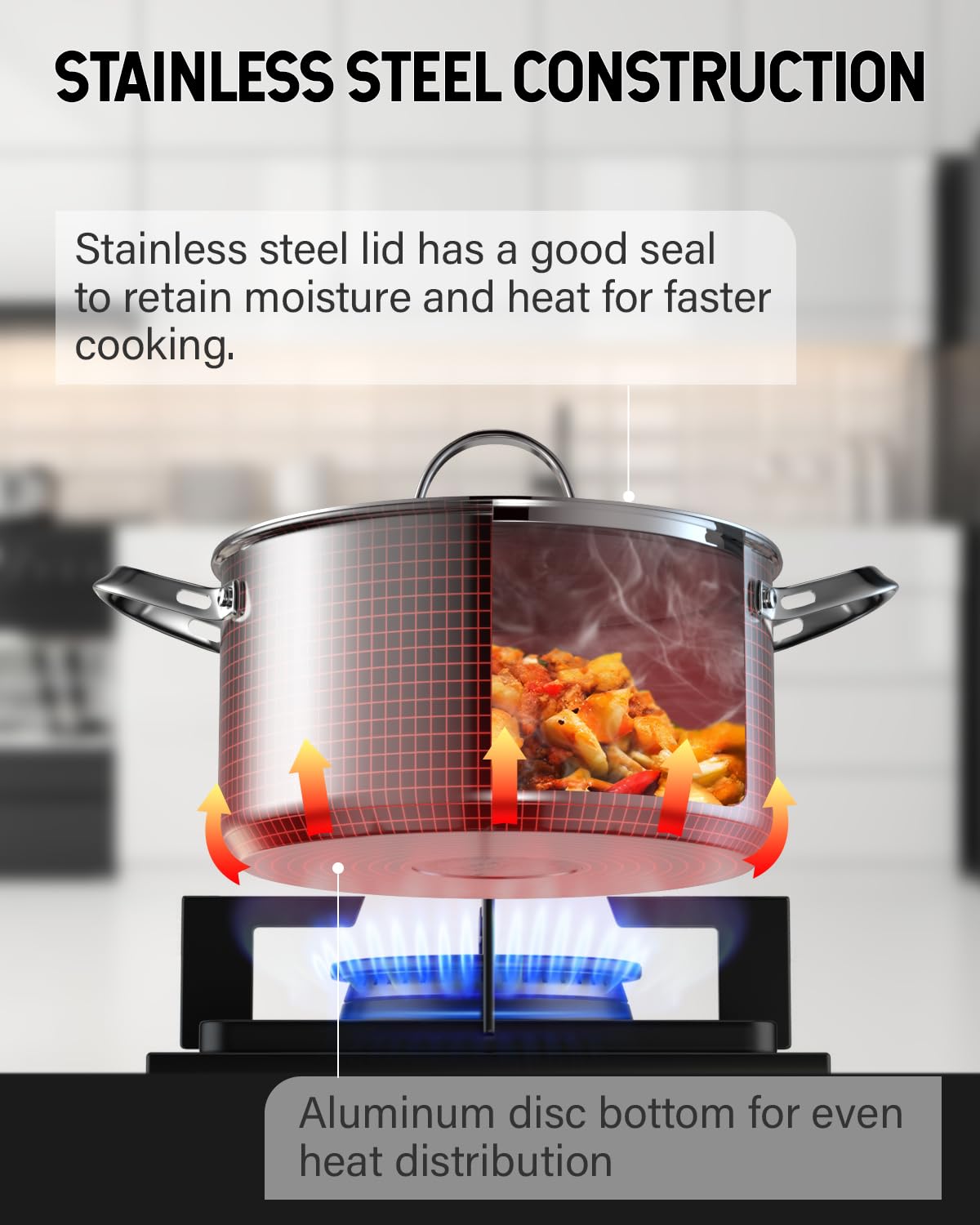 Cooks Standard stockpot bottom with aluminum disc delivers quick, even heat distribution.