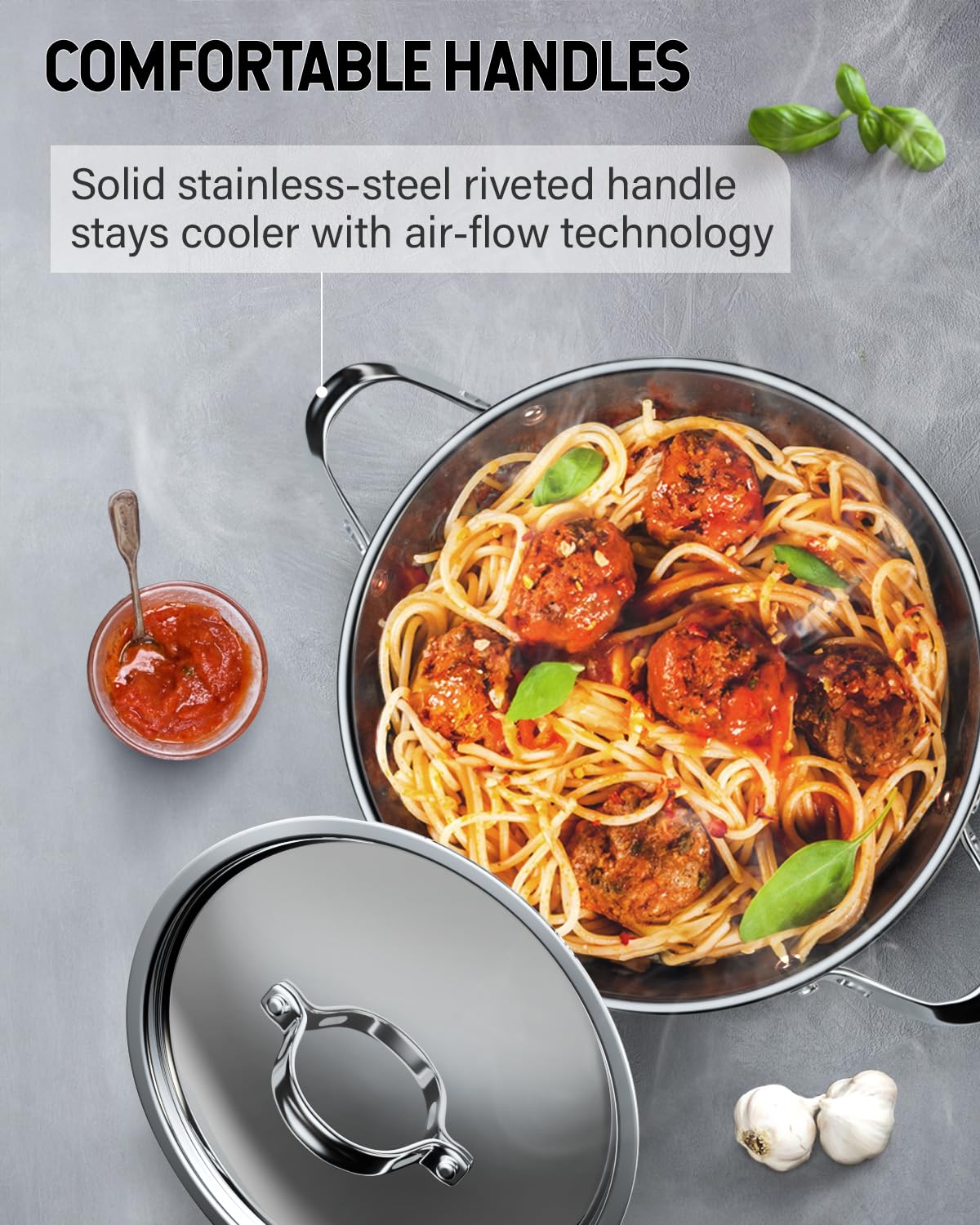 Cooks Standard riveted handles stay cool for safe, comfortable lifting.