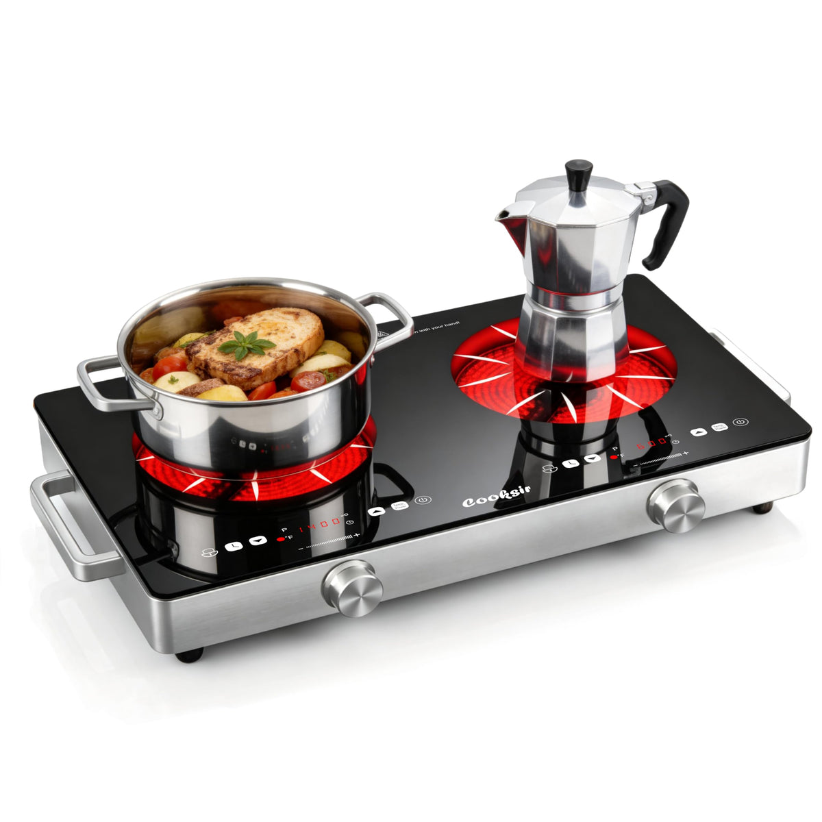 Cooksir 2-burner electric cooktop front view for versatile countertop cooking.
