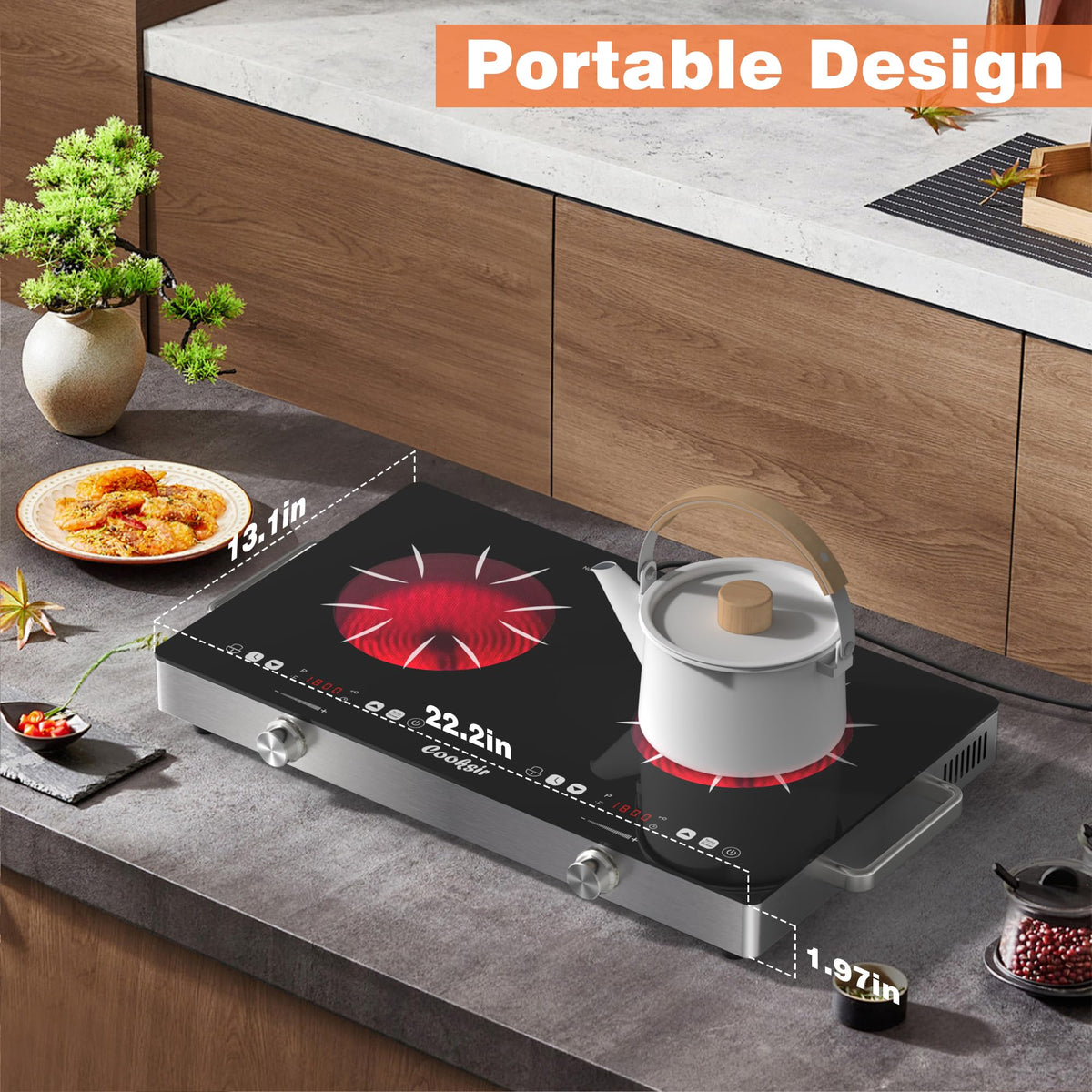 Cooksir 2-burner cooktop left burner lit for quick sauté tasks.