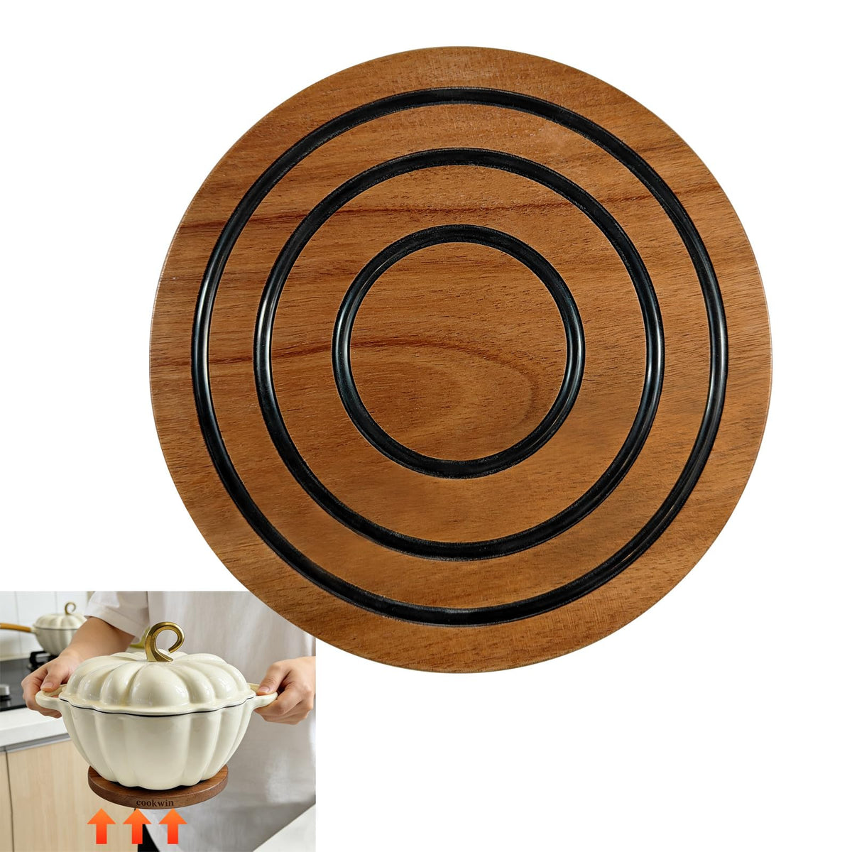 COOKWIN 8-inch magnetic trivet top view shows smooth acacia wood protecting counters