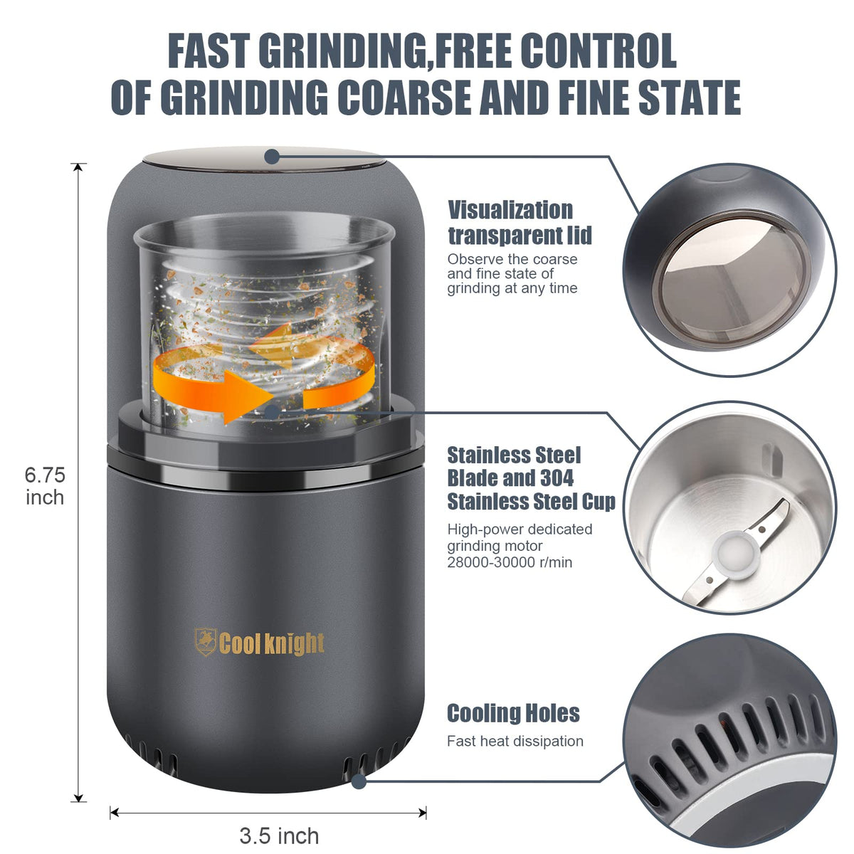 COOL KNIGHT 360-degree blade ensures uniform grinding every time.