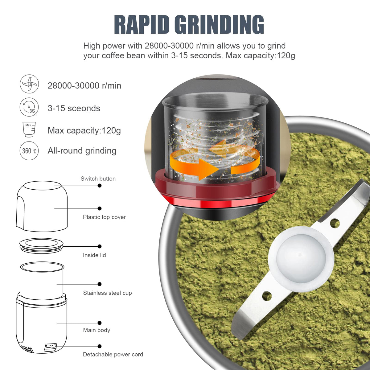 COOL KNIGHT electric grinder with detachable cord for compact storage.