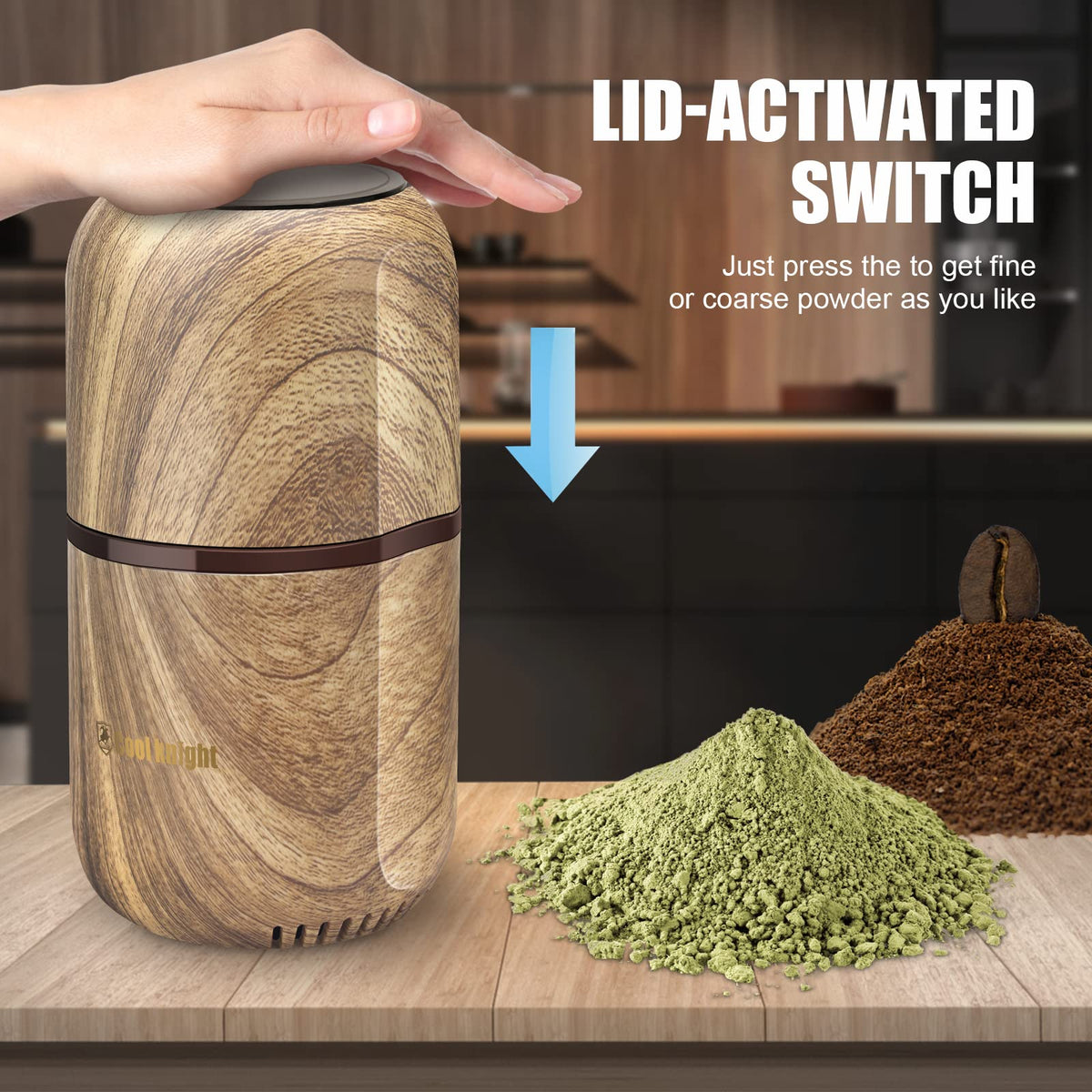 COOL KNIGHT grinder with visual lid control enables one-handed operation