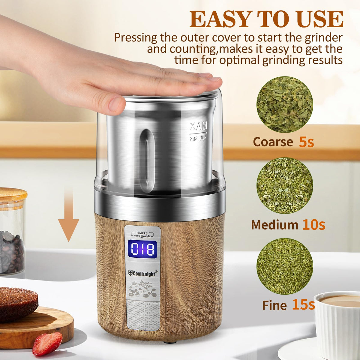 Cool Knight herb grinder timer display helps monitor grind duration for consistency