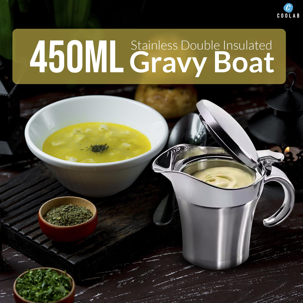 Coolab versatile sauce boat for gravies, syrups, and dressings