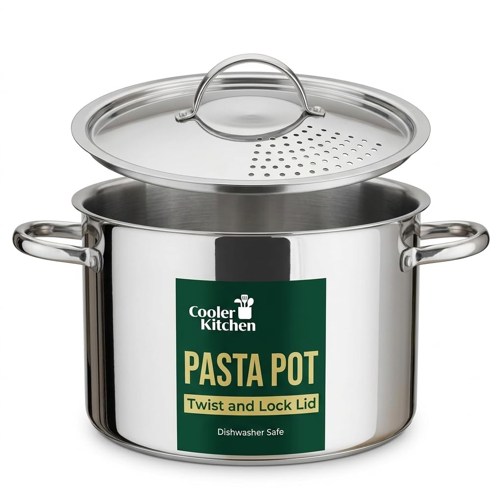 Cooler Concepts pasta pot with strainer lid for effortless draining.