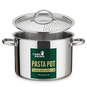 Cooler Concepts pasta pot with strainer lid for effortless draining.