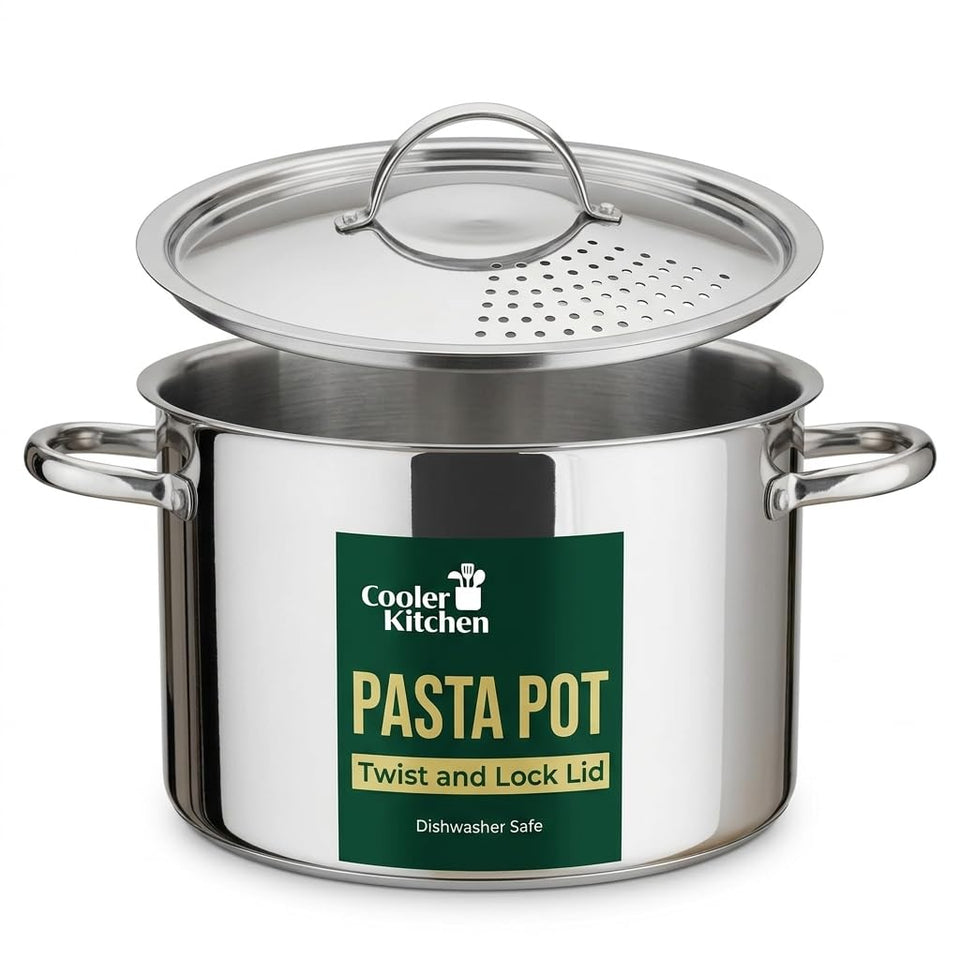 Cooler Concepts pasta pot with strainer lid for effortless draining.